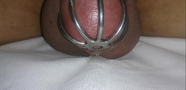  cumming in chastity device with vibrating egg ,hand free cum shot ,cock cage cum